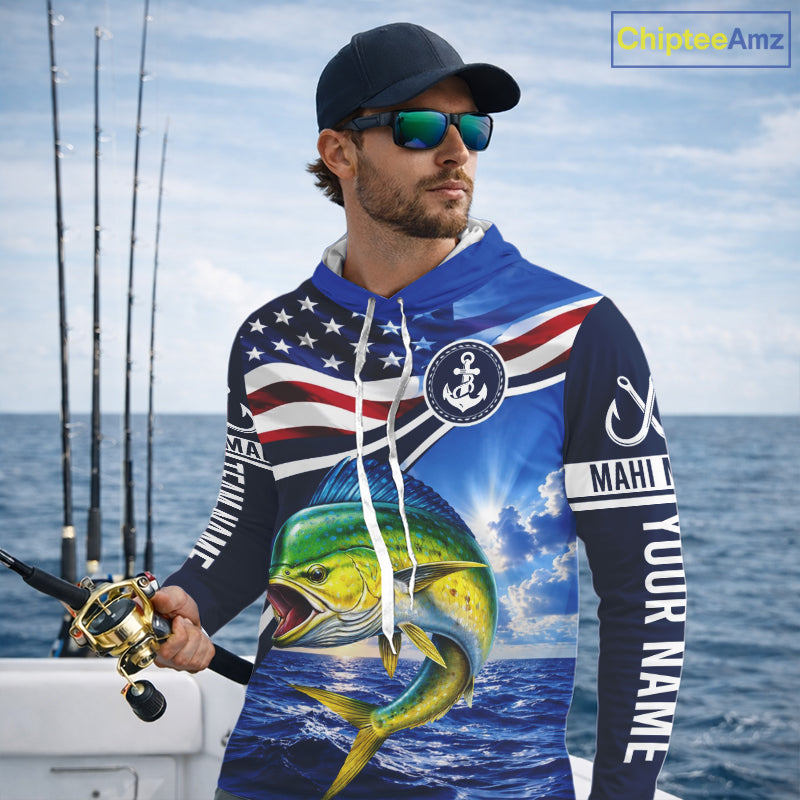 American Flag Mahi Mahi Fishing Long Sleeve Hooded Saltwater Fishing Shirts, Custom Mahi Mahi Fishing Jerseys