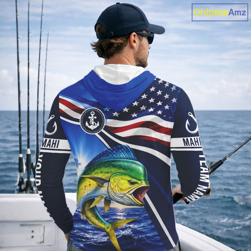 American Flag Mahi Mahi Fishing Long Sleeve Hooded Saltwater Fishing Shirts, Custom Mahi Mahi Fishing Jerseys