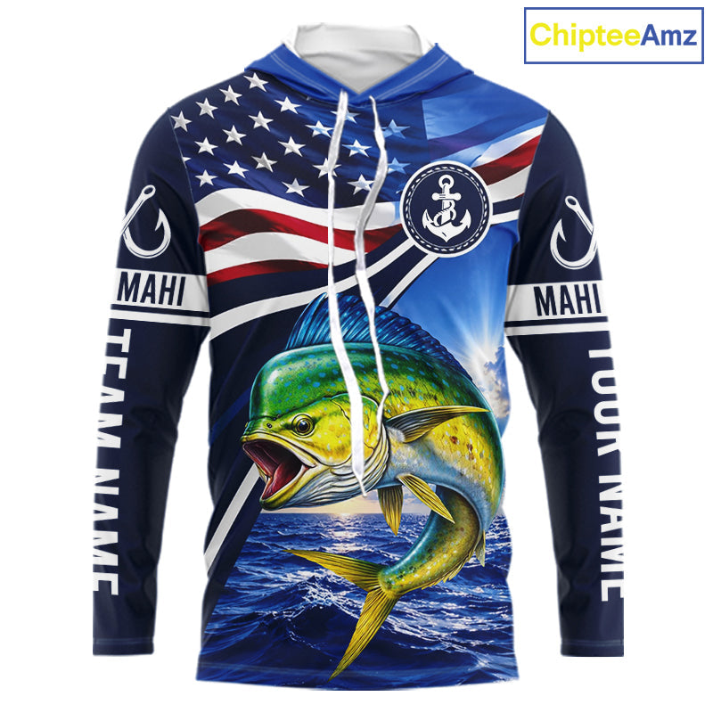 American Flag Mahi Mahi Fishing Long Sleeve Hooded Saltwater Fishing Shirts, Custom Mahi Mahi Fishing Jerseys