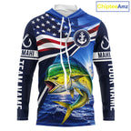 American Flag Mahi Mahi Fishing Long Sleeve Hooded Saltwater Fishing Shirts, Custom Mahi Mahi Fishing Jerseys