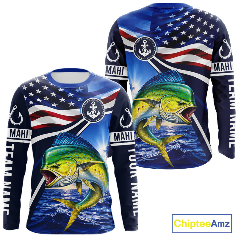 American Flag Mahi Mahi Fishing Long Sleeve Saltwater Fishing Shirts, Custom Mahi Mahi Fishing Jerseys
