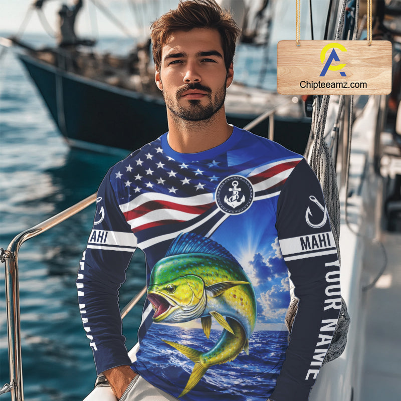 American Flag Mahi Mahi Fishing Long Sleeve Saltwater Fishing Shirts, Custom Mahi Mahi Fishing Jerseys