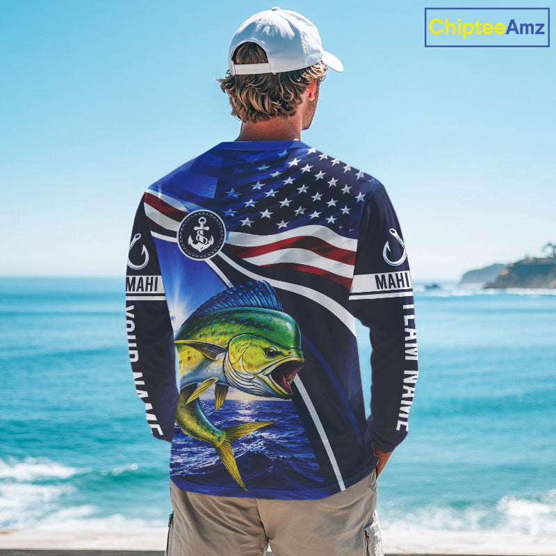 American Flag Mahi Mahi Fishing Long Sleeve Saltwater Fishing Shirts, Custom Mahi Mahi Fishing Jerseys