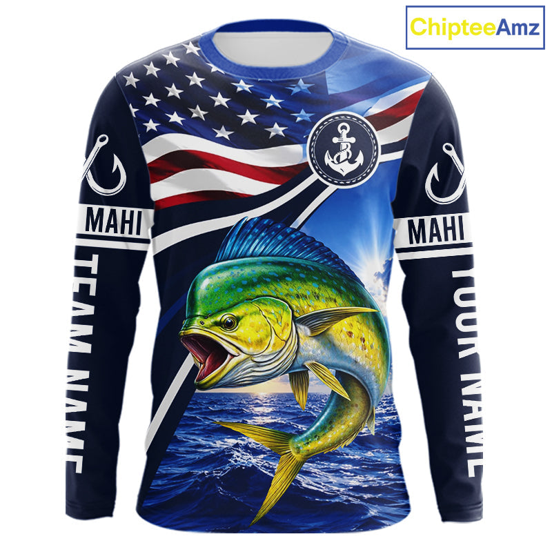 American Flag Mahi Mahi Fishing Long Sleeve Saltwater Fishing Shirts, Custom Mahi Mahi Fishing Jerseys