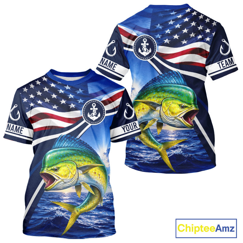 American Flag Mahi Mahi Fishing Saltwater Fishing T-Shirts, Custom Mahi Mahi Fishing Jerseys