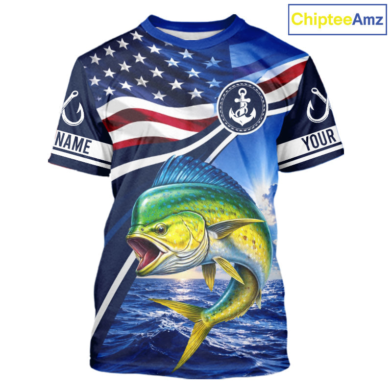 American Flag Mahi Mahi Fishing Saltwater Fishing T-Shirts, Custom Mahi Mahi Fishing Jerseys