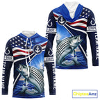 American Flag Striped Bass Fishing Long Sleeve Hooded Saltwater Fishing Shirts, Custom Striped Bass Fishing Jerseys