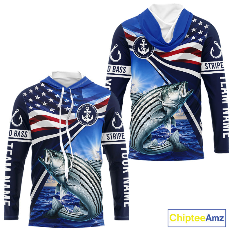 American Flag Striped Bass Fishing Long Sleeve Hooded Saltwater Fishing Shirts, Custom Striped Bass Fishing Jerseys