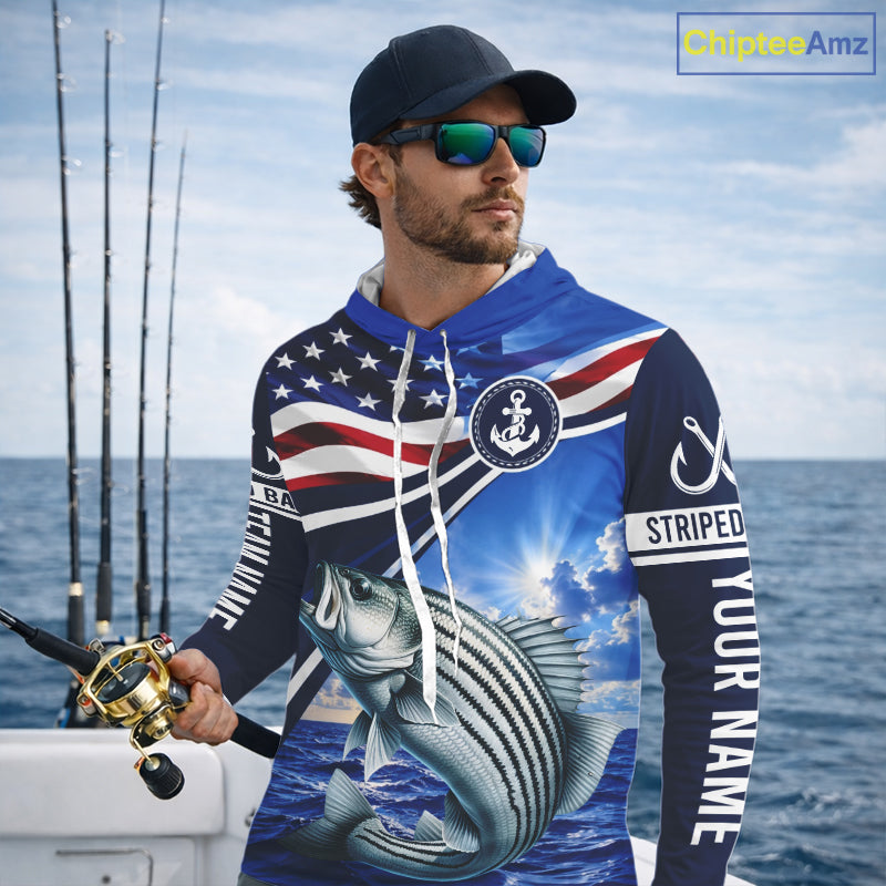 American Flag Striped Bass Fishing Long Sleeve Hooded Saltwater Fishing Shirts, Custom Striped Bass Fishing Jerseys