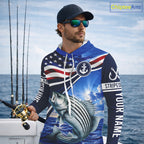 American Flag Striped Bass Fishing Long Sleeve Hooded Saltwater Fishing Shirts, Custom Striped Bass Fishing Jerseys