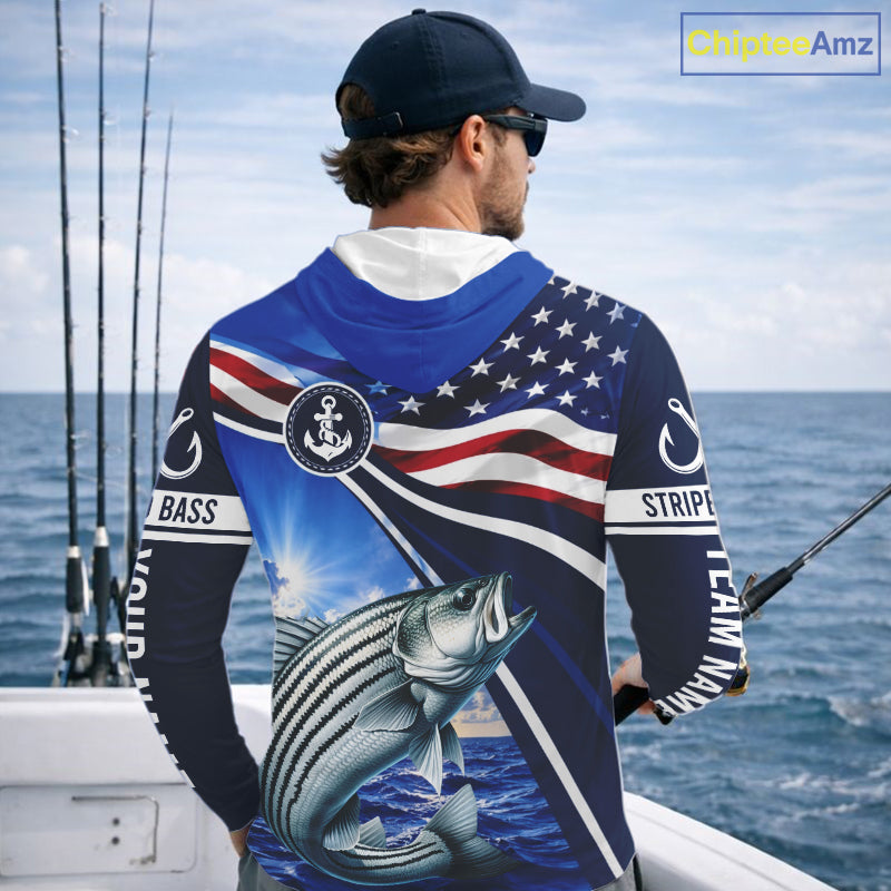 American Flag Striped Bass Fishing Long Sleeve Hooded Saltwater Fishing Shirts, Custom Striped Bass Fishing Jerseys