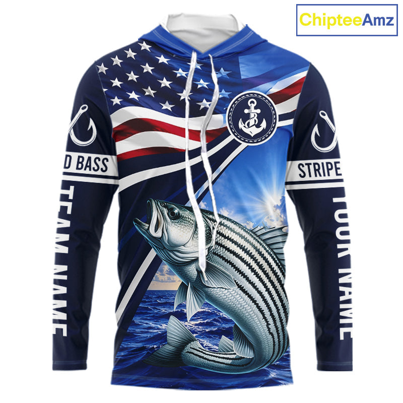 American Flag Striped Bass Fishing Long Sleeve Hooded Saltwater Fishing Shirts, Custom Striped Bass Fishing Jerseys