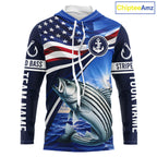 American Flag Striped Bass Fishing Long Sleeve Hooded Saltwater Fishing Shirts, Custom Striped Bass Fishing Jerseys