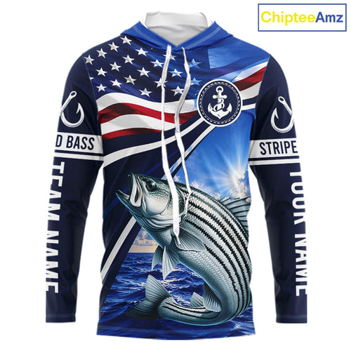 American Flag Striped Bass Fishing Long Sleeve Hooded Saltwater Fishing Shirts, Custom Striped Bass Fishing Jerseys
