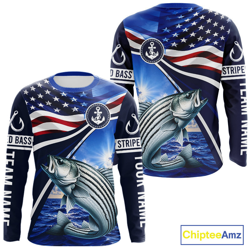 American Flag Striped Bass Fishing Long Sleeve Fishing Shirts Saltwater, Custom Striped Bass Fishing Jerseys