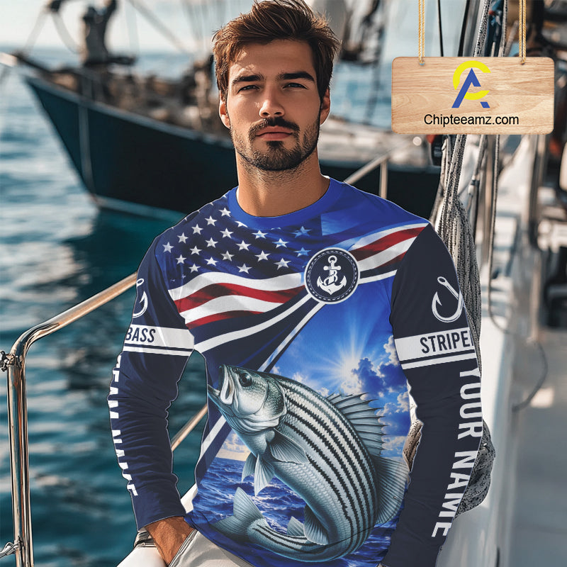 American Flag Striped Bass Fishing Long Sleeve Fishing Shirts Saltwater, Custom Striped Bass Fishing Jerseys
