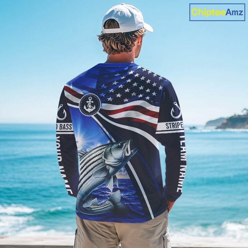 American Flag Striped Bass Fishing Long Sleeve Fishing Shirts Saltwater, Custom Striped Bass Fishing Jerseys