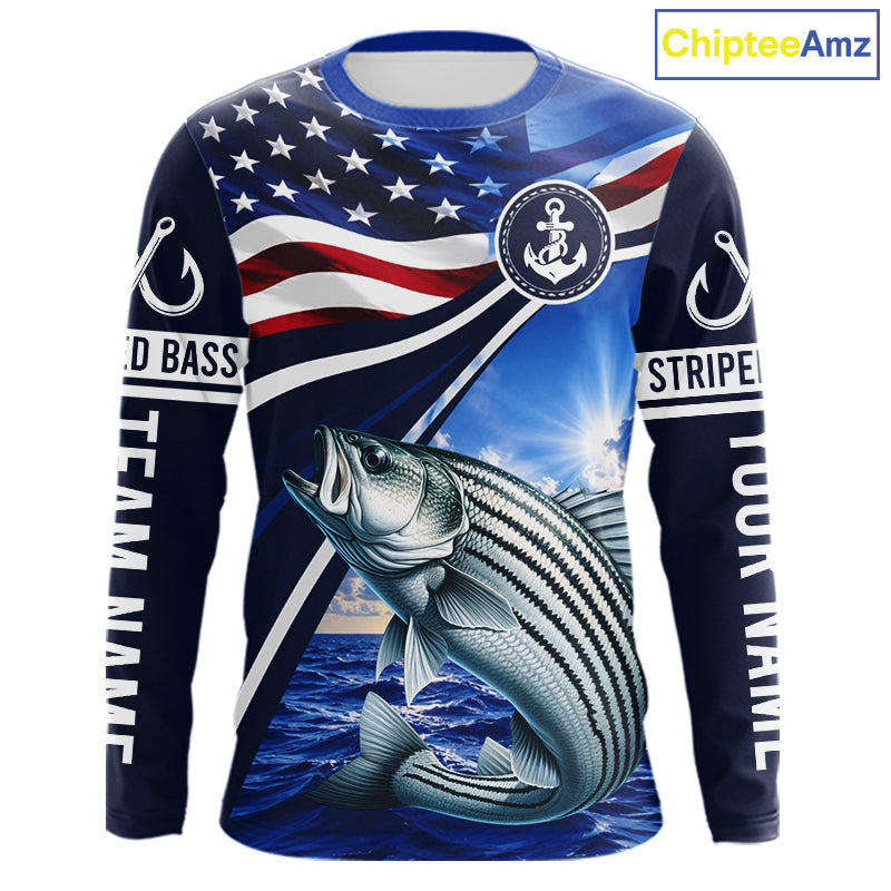 American Flag Striped Bass Fishing Long Sleeve Fishing Shirts Saltwater, Custom Striped Bass Fishing Jerseys