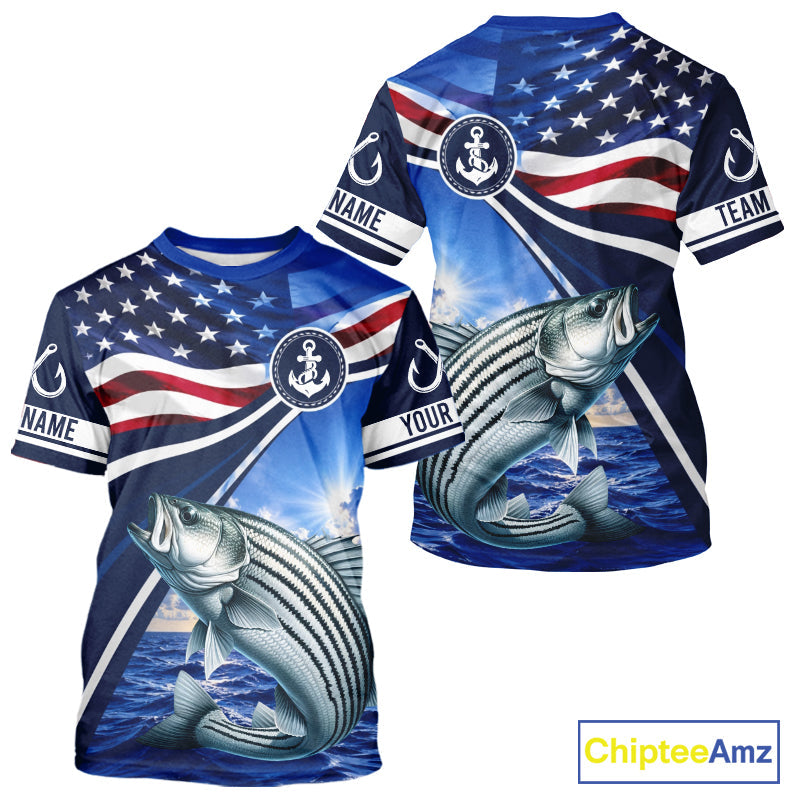 American Flag Striped Bass Fishing Saltwater Fishing T-Shirts, Custom Striped Bass Fishing Jerseys