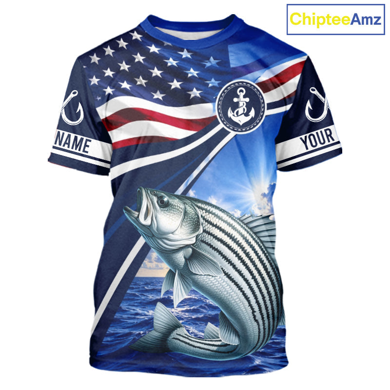 American Flag Striped Bass Fishing Saltwater Fishing T-Shirts, Custom Striped Bass Fishing Jerseys