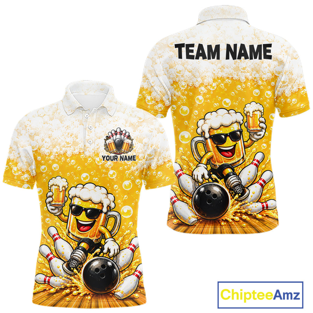 Custom Yellow Funny Bowling And Beer Jerseys, Bowling Team Polo Shirts Bowling League
