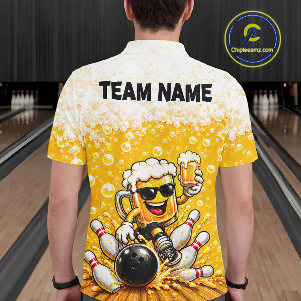 Custom Yellow Funny Bowling And Beer Jerseys, Bowling Team Polo Shirts Bowling League