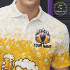Custom Yellow Funny Bowling And Beer Jerseys, Bowling Team Polo Shirts Bowling League