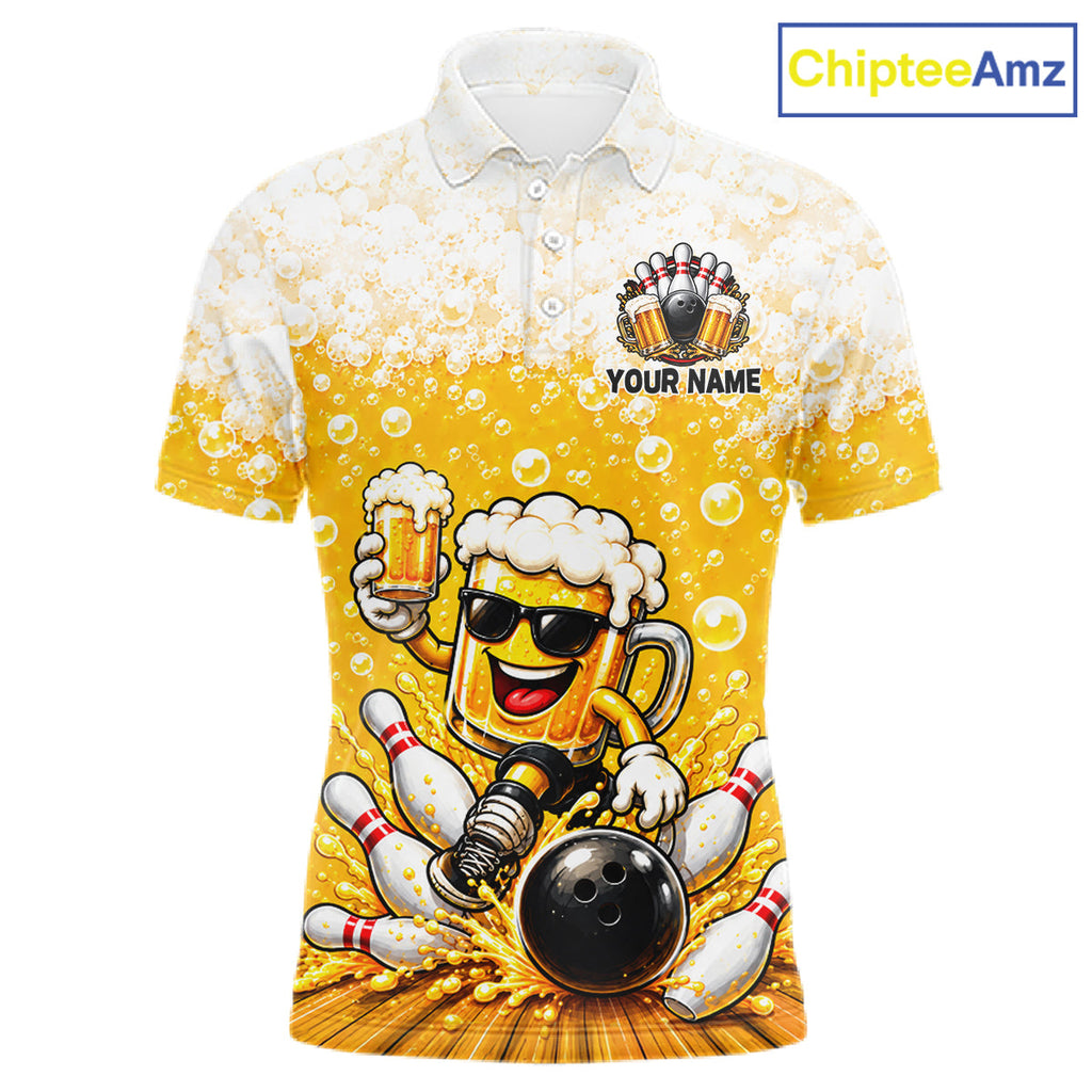 Custom Yellow Funny Bowling And Beer Jerseys, Bowling Team Polo Shirts Bowling League