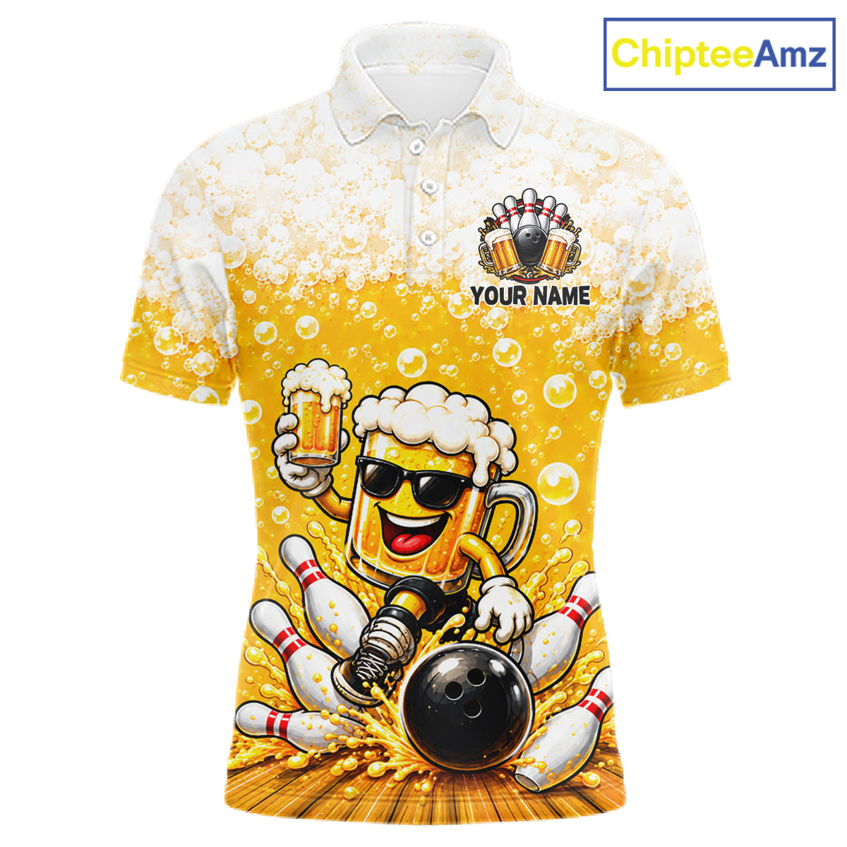 Custom Yellow Funny Bowling And Beer Jerseys, Bowling Team Polo Shirts Bowling League