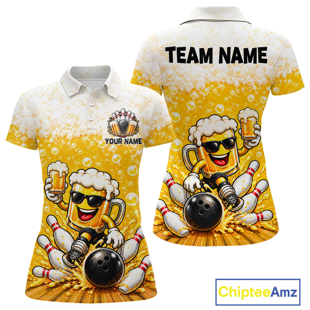 Custom Yellow Funny Bowling And Beer Jerseys, Bowling Team Polo Shirts Bowling League