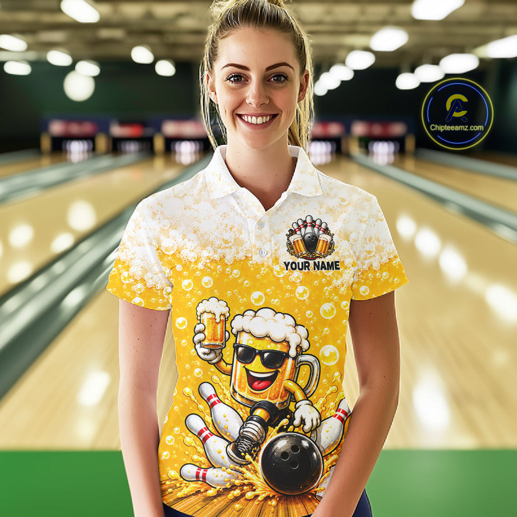 Custom Yellow Funny Bowling And Beer Jerseys, Bowling Team Polo Shirts Bowling League
