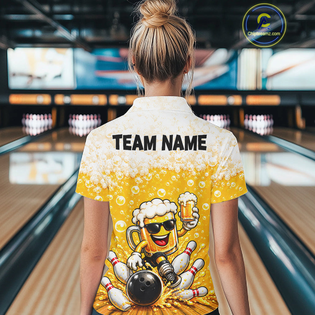 Custom Yellow Funny Bowling And Beer Jerseys, Bowling Team Polo Shirts Bowling League