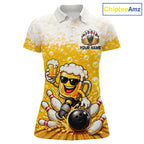 Custom Yellow Funny Bowling And Beer Jerseys, Bowling Team Polo Shirts Bowling League