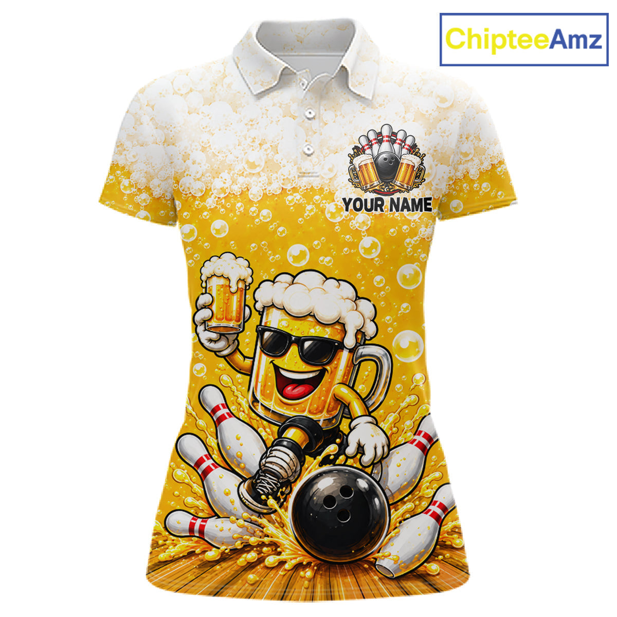 Custom Yellow Funny Bowling And Beer Jerseys, Bowling Team Polo Shirts Bowling League