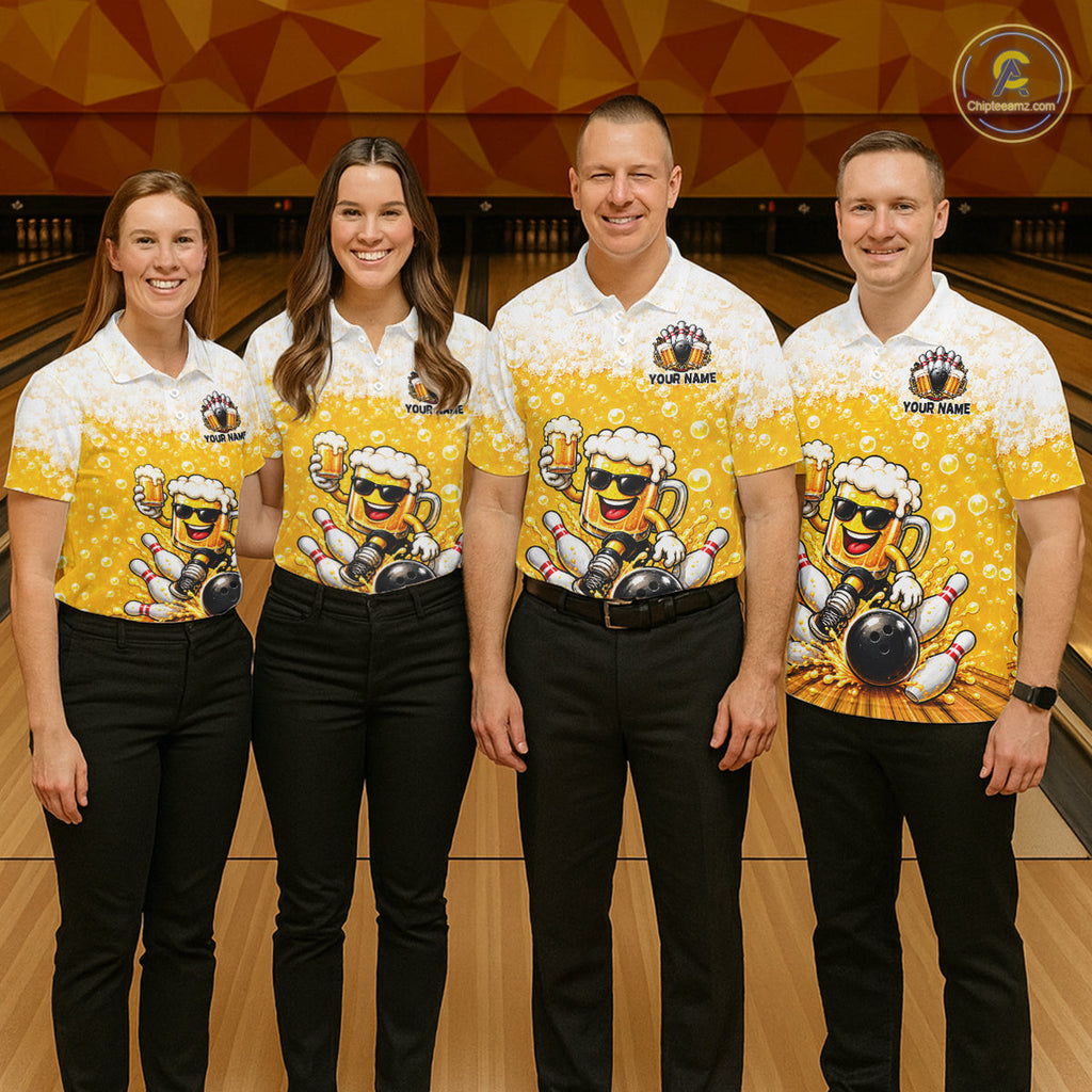 Custom Yellow Funny Bowling And Beer Jerseys, Bowling Team Polo Shirts Bowling League