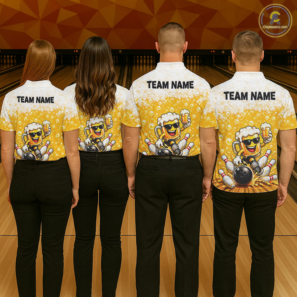 Custom Yellow Funny Bowling And Beer Jerseys, Bowling Team Polo Shirts Bowling League