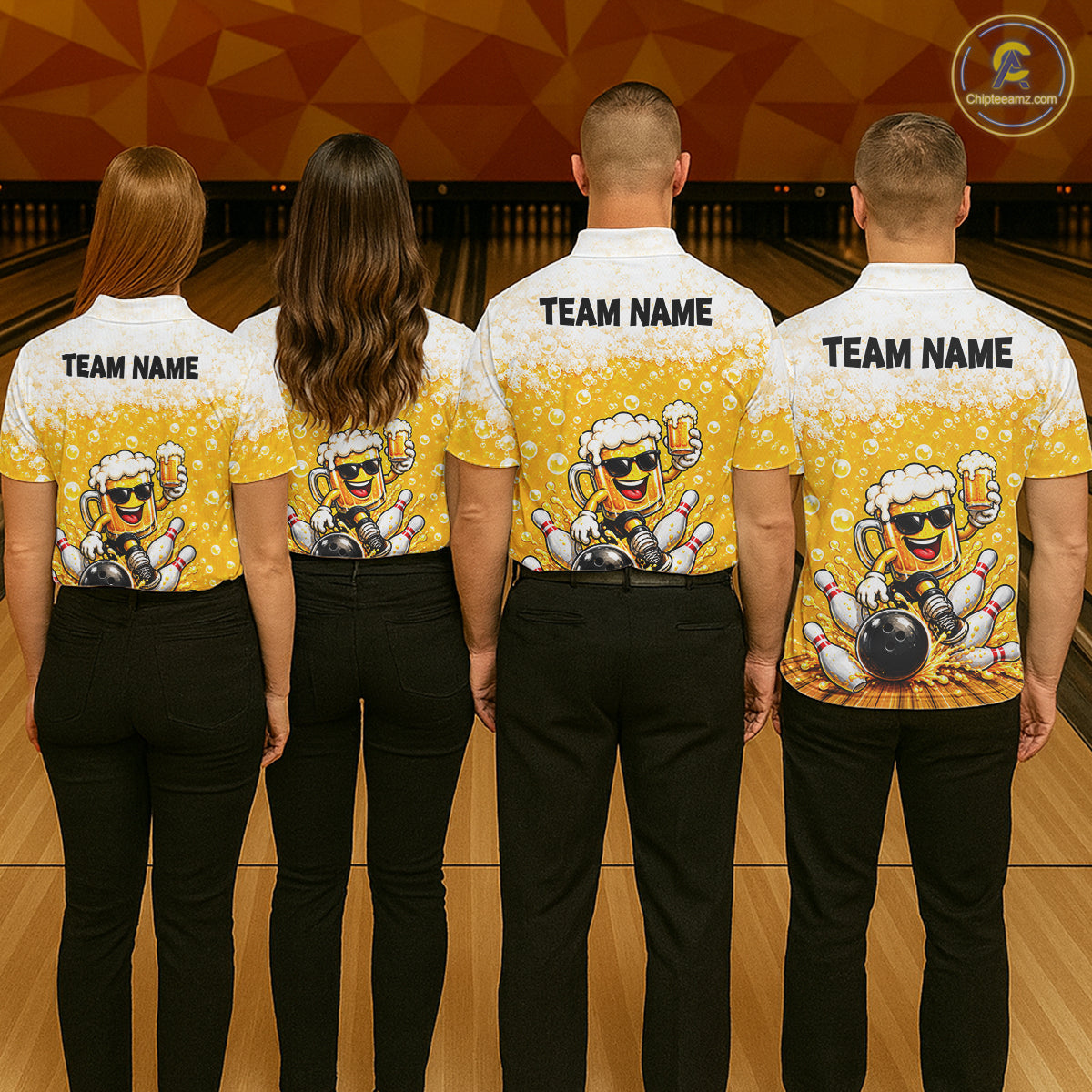 Custom Yellow Funny Bowling And Beer Jerseys, Bowling Team Polo Shirts Bowling League