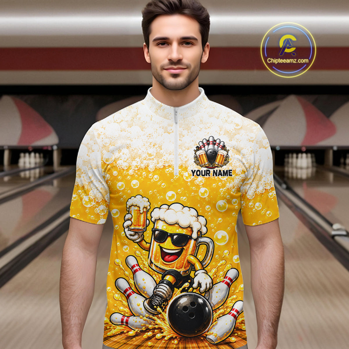 Custom Yellow Funny Bowling And Beer Jerseys, Bowling Team Polo Shirts Bowling League