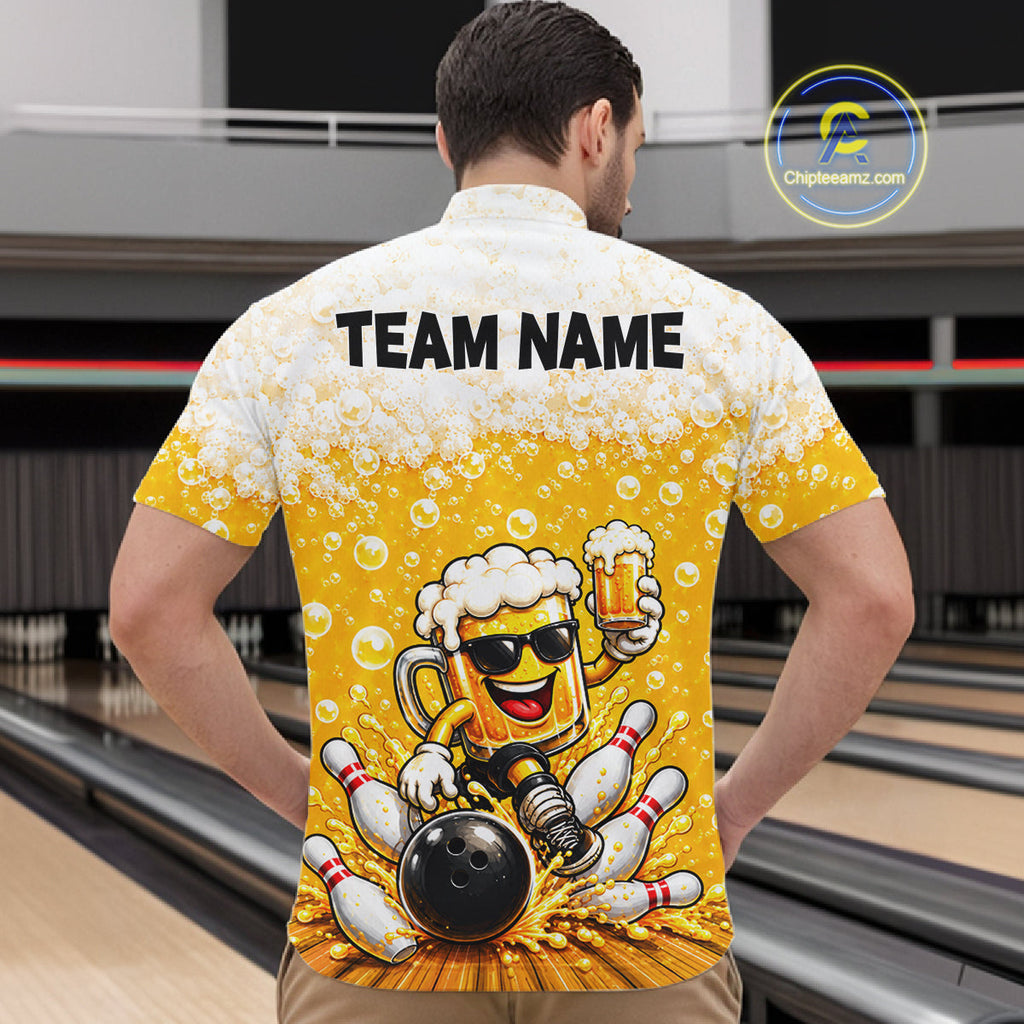 Custom Yellow Funny Bowling And Beer Jerseys, Bowling Team Polo Shirts Bowling League