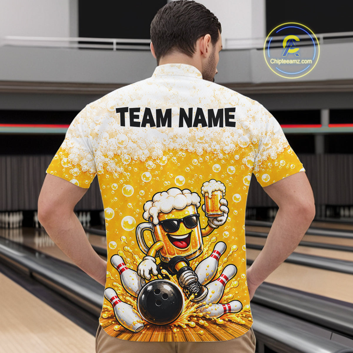 Custom Yellow Funny Bowling And Beer Jerseys, Bowling Team Polo Shirts Bowling League