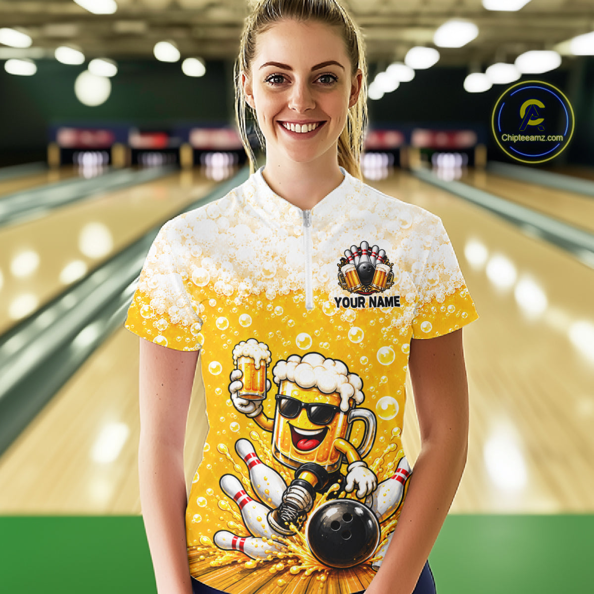 Custom Yellow Funny Bowling And Beer Jerseys, Bowling Team Polo Shirts Bowling League