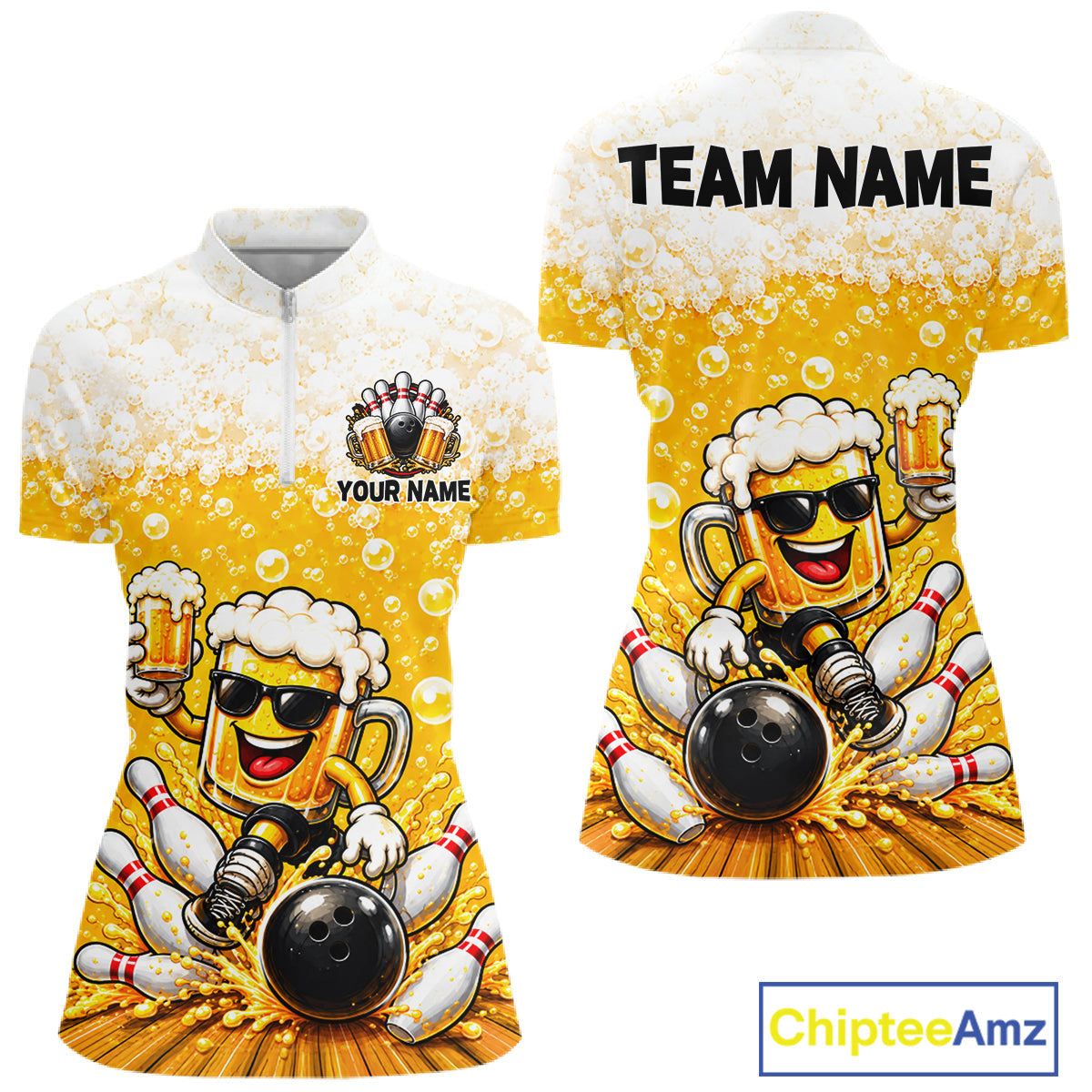 Custom Yellow Funny Bowling And Beer Jerseys, Bowling Team Polo Shirts Bowling League