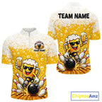 Custom Yellow Funny Bowling And Beer Jerseys, Bowling Team Polo Shirts Bowling League