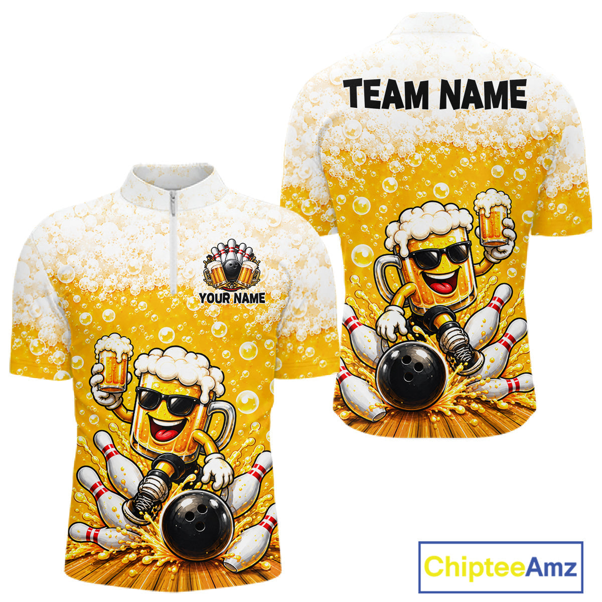 Custom Yellow Funny Bowling And Beer Jerseys, Bowling Team Polo Shirts Bowling League