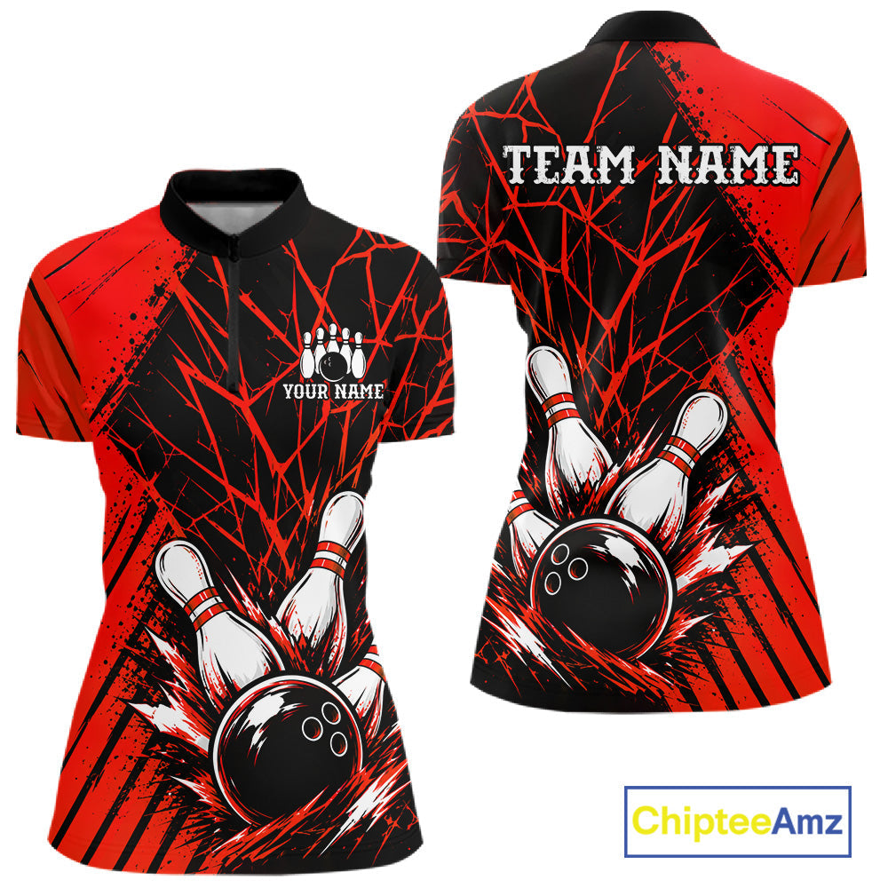 Red Bowling Shirt Personalized Bowling Team Jersey Bowling Polo & 1/4 Zip Shirts
