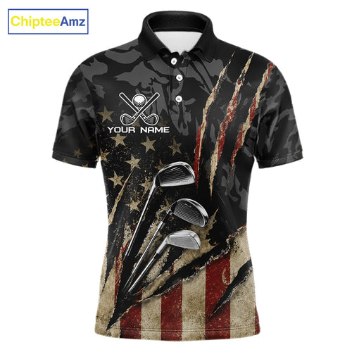 Golf Polo Shirts American Flag Golf Clubs Camo Custom Patriotic Black Tournament Golf Shirt