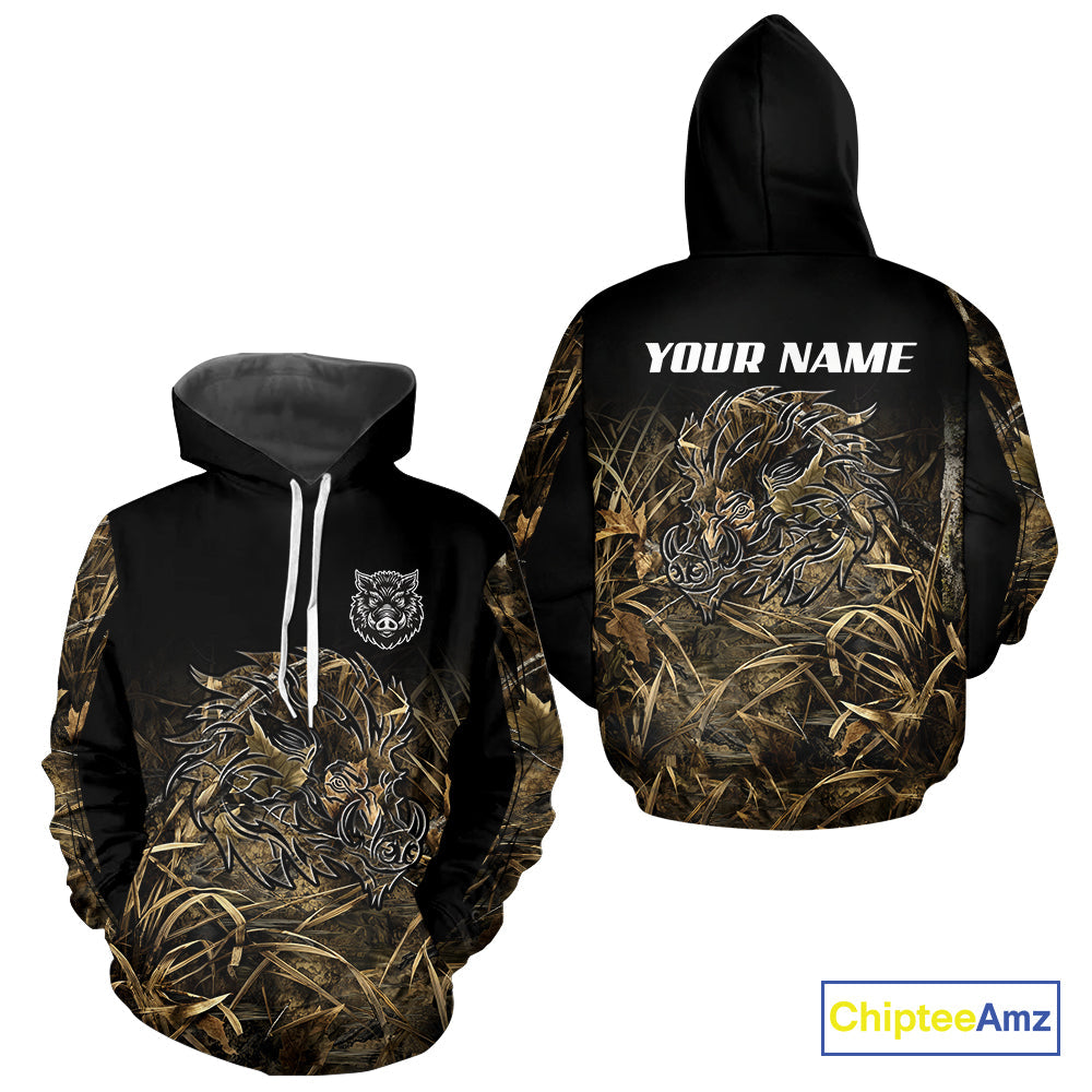 Wild Boar Hunting Camouflage 3D Custom Name Shirts, Custom Boar Hunting Gifts