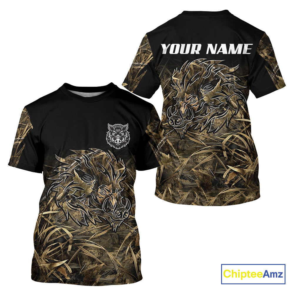 Wild Boar Hunting Camouflage 3D Custom Name Shirts, Custom Boar Hunting Gifts