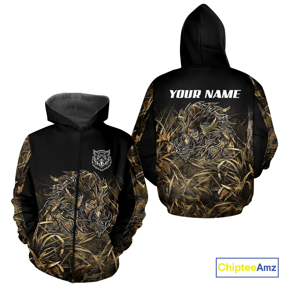 Wild Boar Hunting Camouflage 3D Custom Name Shirts, Custom Boar Hunting Gifts