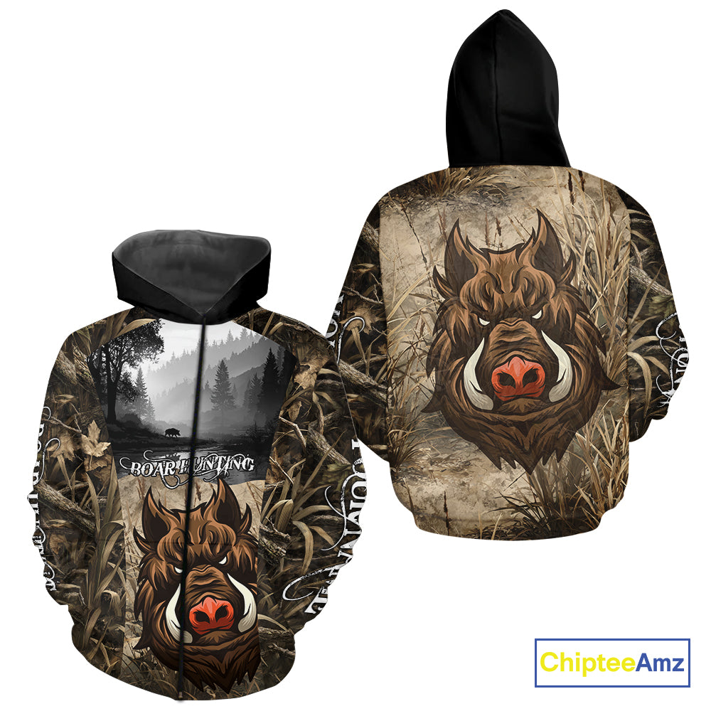 Boar Hunting Camouflage 3D All Over Printed Shirts, Boar Hunting Camo Shirt